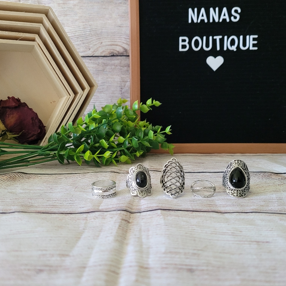 5 piece Boho Antiqued Silver Black Stone Ring✨️ - Picture 7 of 8
